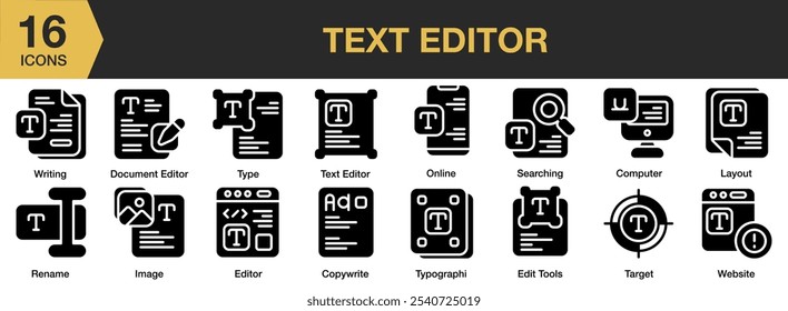 Conjunto de iconos sólidos del Editor de texto. Incluye editor de texto, escritura, tipo, en línea, copywrite, renombrar y más. Colección de Vector de iconos sólidos.