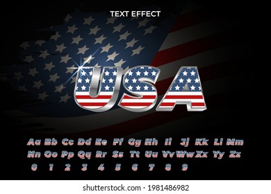 Text Effect America Flag Style. USA Text Effect Silver Modern.