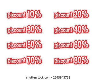 Text effect Discount price tag icon. 10, 20, 30, 40, 50, 60, 70, 80 percent of sales. 3D designs are editable. Sale and discount labels. Vector illustration.