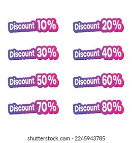 Efecto de texto Icono de etiqueta de precio de descuento. 10, 20, 30, 40, 50, 60, 70, 80 por ciento de las ventas. Los diseños 3D son editables. Etiquetas de venta y descuento. Ilustración vectorial.