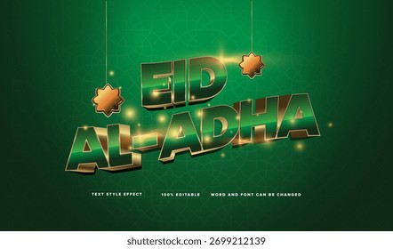 Efeito de texto gráfico vetorial editável de Green Gold Eid Al-Adha, perfeito para o título do filme, título do cartaz, título do banner, etc.