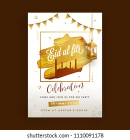 Text Eid-Al-Fitr with mosque on golden glitter texture, hanging illuminated lantern and bunting flags on floral background. Eid celebration card design.
