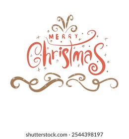 “Hand-drawn ‘Merry Christmas’ text in elegant calligraphy, in red and gold colors with festive details, perfect for holiday cards and seasonal designs.”