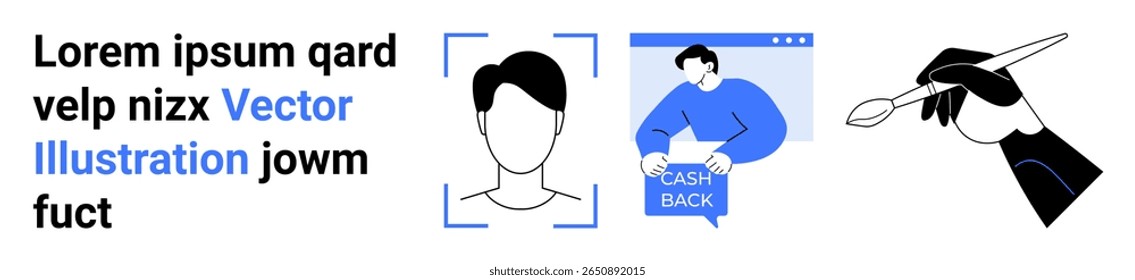 Elemento de texto, ícone do perfil do usuário, gráfico de cash back e ponteiro segurando um pincel. Ideal para marketing, finanças, criação de perfil, personalização, design, e-commerce, interface do usuário. Página inicial