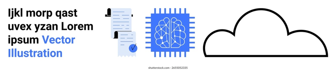 Elementos de texto, uma lista de verificação com cadeado, rede neural em um chip e ícone de nuvem. Ideal para segurança cibernética, IA, aprendizado de máquina, armazenamento em nuvem, gerenciamento de dados, transformação digital, tecnologia