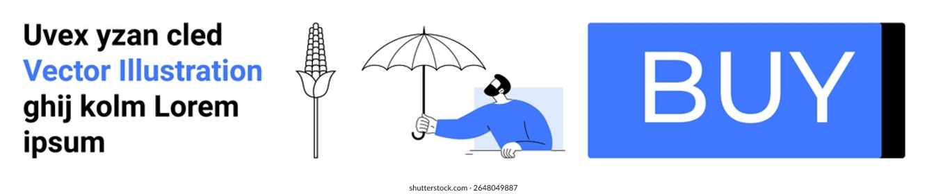 Text elements, corn icon, umbrella handle illustration, person holding bubble, and prominent BUY button. Ideal for e-commerce, shopping, call to action, UI design, web elements, marketing. Landing