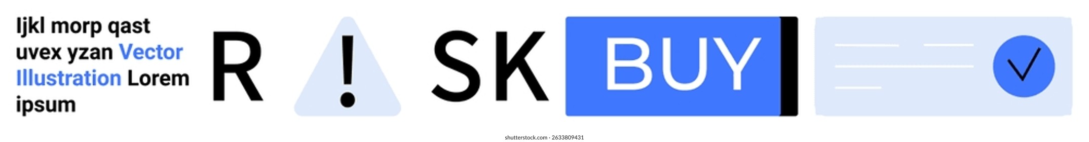Text elements, exclamation mark symbol, BUY button, checkmark. Ideal for finance, decision-making, ecommerce, risk assessment, online shopping, transactions, and business strategies Landing page
