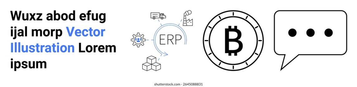 Text elements, gear, ERP, Bitcoin symbol, factory, truck, and chat bubble. Ideal for blockchain, ERP systems, communication, logistics finance technology business solutions Landing page