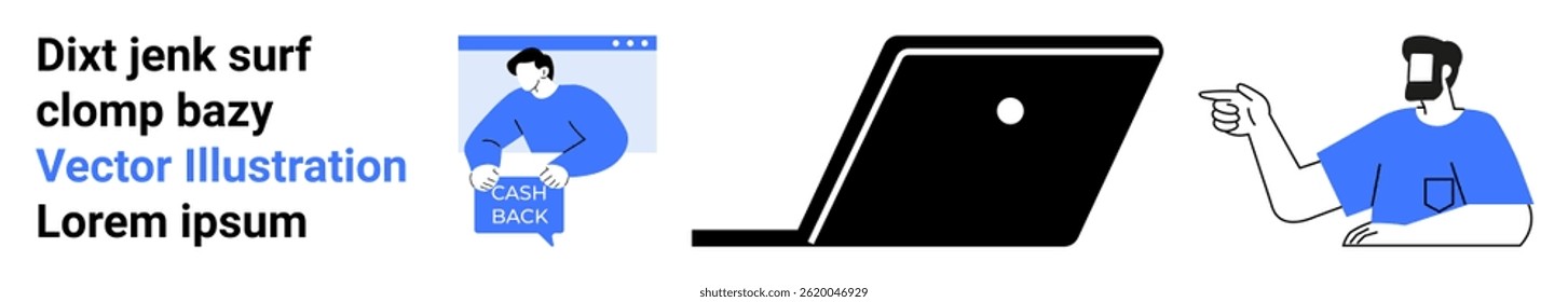 Text elements, a person reading, laptop icon, and a person pointing. Ideal for educational content, technical blogs, online courses, business presentations, digital marketing, social media posts, web