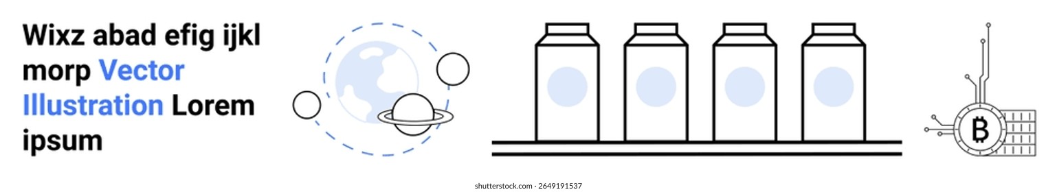 Text elements, planet and orbit, four containers, satellite with B label. Ideal for scientific blogs, educational websites, tech companies, space exploration, data visualization, infographics