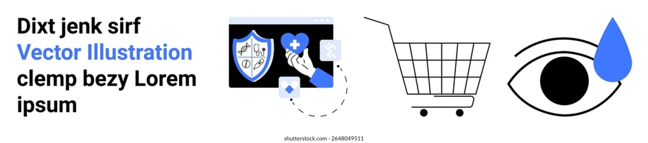 Elementos de texto com vários ícones, incluindo um escudo, mão segurando um coração, carrinho de compras e um olho com uma gota. Ideal para temas de saúde, compras e emoções. Paleta monocromática com azul