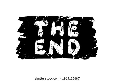 Text The End. Black ink grunge silhouette. Front horizontal view. Vector simple flat graphic hand drawn illustration. The isolated object on a white background. Isolate.