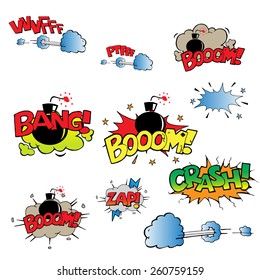 Text with explosions for comics. Hand-drawn.
