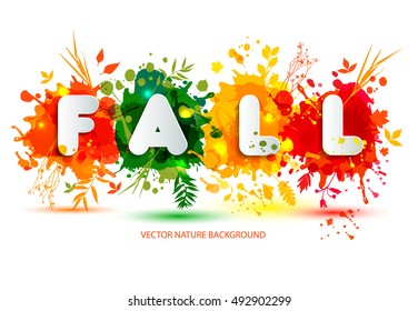 Text Fall in frame in paper style on multicolor blots background. Hand drawn grunge blots elements.Fall style for autumn celebration.