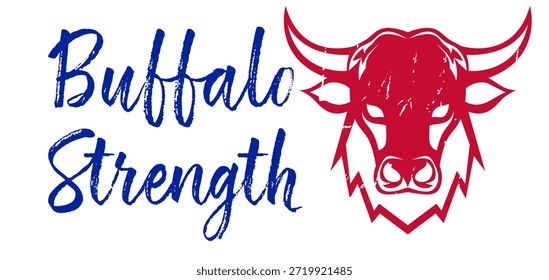 Texto de "Fuerza de búfalo" con un búfalo, en tonos rojo y azul real. Un estilo urbano y atrevido perfecto para el arte callejero y el graffiti de inspiración deportiva.