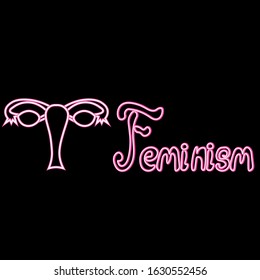 Text feminism and image of the female reproductive system. Neon design. The uterus, ovaries and fallopian tubes.
