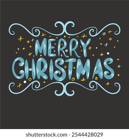 "Texto desenhado à mão ‘Feliz Natal’ em um estilo festivo e elegante com sotaques azuis, perfeito para designs de férias, cartões de felicitações e decorações sazonais."