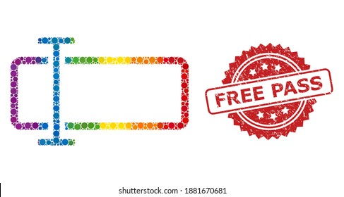 Text field collage icon of filled circle elements in different sizes and LGBT bright color tinges, and Free Pass unclean rosette seal imitation. A dotted LGBT-colored Text field for lesbians, gays,