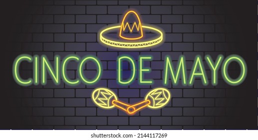 The text is the fifth of May in Spanish. Neon text on brick wall background. Vector illustration.