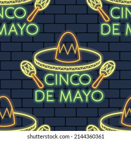Text fifth of May in Spanish with sombrero and maracas. Neon seamless pattern on brick wall background. Vector illustration.