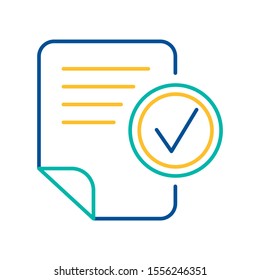 Text file checking blue and yellow linear icon. Office document color thin line pictogram