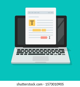 Text file or document content editing online on computer vector icon, flat cartoon creating online notes on laptop or writing electronic documents and text grammar mistakes, author or copywriting idea