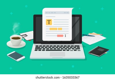 Text file or document content editing online on laptop computer on working desk table vector flat cartoon, creating online notes on pc or writing electronic document text grammar, study or learning