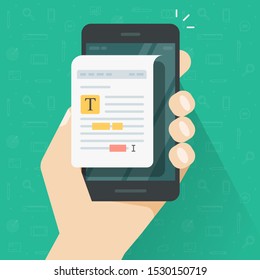 Text file document editor on mobile phone vector illustration, flat cartoon online notes write, author or copyrighter editing or writing content with spelling correction on cellphone screen
