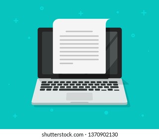 Text file or document writing on computer vector, flat cartoon laptop screen with article page reading or content creating icon symbol isolated, concept of blogging or letter creation clipart