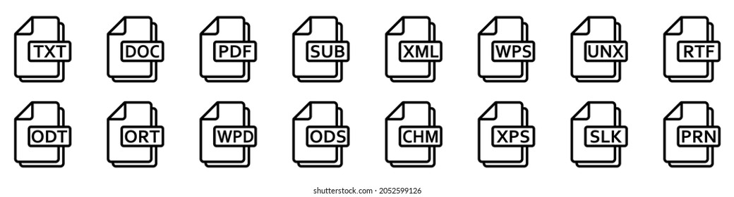 Icono de formatos de archivo de texto. Conjunto de iconos de línea de diferentes documentos de texto. Documentos de archivo de texto. Ilustración vectorial.