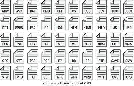 Conjunto de iconos de formatos de archivo de texto. Colección de varias extensiones de archivo de documento. Iconos del vector en fondo transparente. Icono para App, interfaz de usuario y Diseño web
