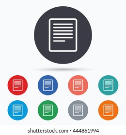 Text file icon. Document symbol. Circle buttons with doc sign. Vector