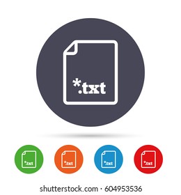 Text file icon. Download txt doc button. Txt file extension symbol. Round colourful buttons with flat icons. Vector