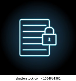 The text file with lock icon in neon style. Simple thin line, outline vector of web, minimalistic icons for UI and UX, website or mobile application