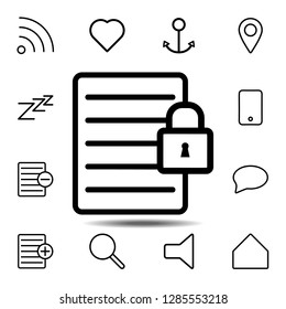 The text file with lock icon. Simple thin line, outline vector element of minimalistic, web icons set for UI and UX, website or mobile application