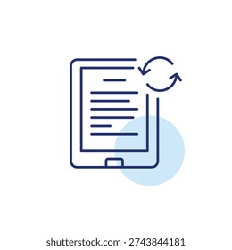 Text file on tablet and renew arrows. Device update, digital note refresh. Pixel perfect, editable stroke vector icon