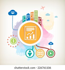 Text file sign and city mark on abstract colorful watercolor background with different icon and elements.