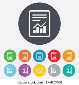 Text File Sign Icon. Add File Document With Chart Symbol. Accounting Symbol. Round Colourful 11 Buttons. Vector