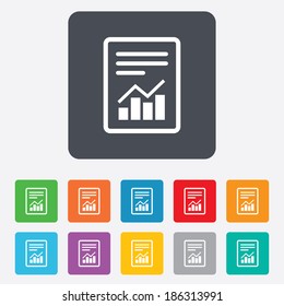 Text file sign icon. Add File document with chart symbol. Accounting symbol. Rounded squares 11 buttons. Vector
