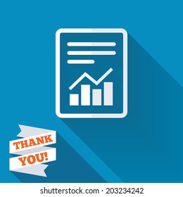 Text file sign icon. Add File document with chart symbol. Accounting symbol. White flat icon with long shadow. Paper ribbon label with Thank you text. Vector
