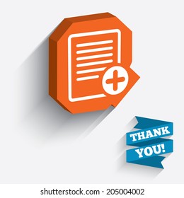 Text file sign icon. Add File document symbol. White icon on orange 3D piece of wall. Carved in stone with long flat shadow. Vector