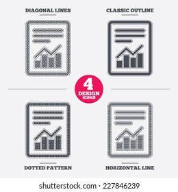 Text file sign icon. Add File document with chart symbol. Accounting symbol. Diagonal and horizontal lines, classic outline, dotted texture. Pattern design icons.  Vector
