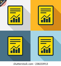Text file sign icon. Add File document with chart symbol. Accounting symbol. Four squares. Colored Flat design buttons. Vector