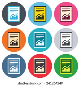 Text file sign icon. Add File document with chart symbol. Accounting symbol. Colored round buttons. Flat design circle icons set. Vector