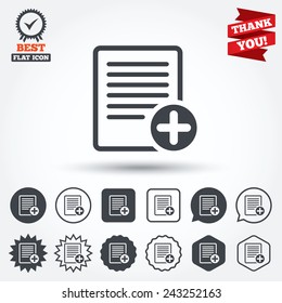 Text file sign icon. Add File document symbol. Circle, star, speech bubble and square buttons. Award medal with check mark. Thank you ribbon. Vector