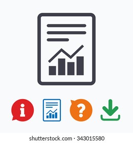 Text file sign icon. Add File document with chart symbol. Accounting symbol. Information think bubble, question mark, download and report.