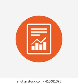 Icono de signo de archivo de texto. Agregar documento de archivo con símbolo de gráfico. Símbolo de contabilidad. Botón de círculo naranja con icono. Vector