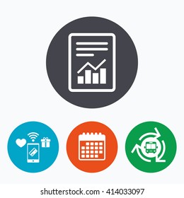 Text file sign icon. Add File document with chart symbol. Accounting symbol. Mobile payments, calendar and wifi icons. Bus shuttle.