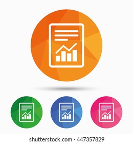 Text file sign icon. Add File document with chart symbol. Accounting symbol. Triangular low poly button with flat icon. Vector