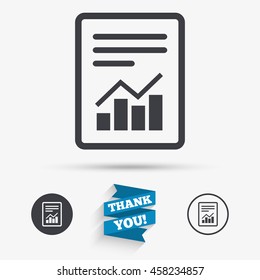 Text file sign icon. Add File document with chart symbol. Accounting symbol. Flat icons. Buttons with icons. Thank you ribbon. Vector